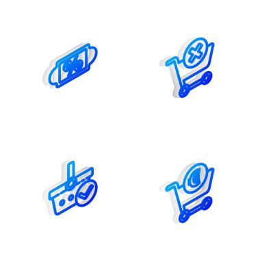 Set Isometric line Remove shopping cart, Discount percent tag, Shopping basket with check mark and and euro icon. Vector.