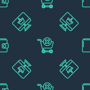 Set line Remove shopping cart, Monitor with basket and Wallet on seamless pattern. Vector.