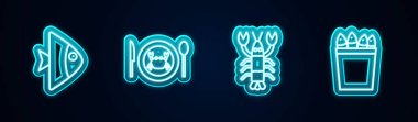 Set line Fish, Served crab on a plate, Lobster and Fishing bucket with fishes. Glowing neon icon. Vector.