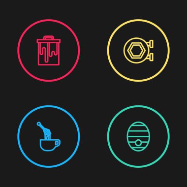 Set line Honey dipper stick with honey, Hive for bees, Hanging sign honeycomb and Honeycomb icon. Vector.