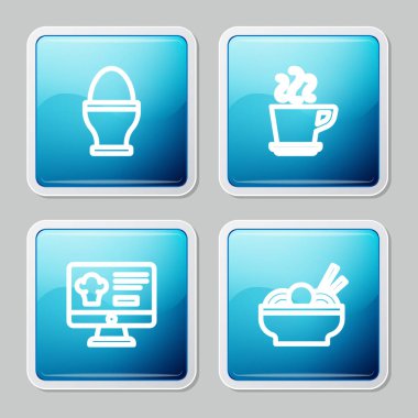 Set line Chicken egg on stand, Coffee cup, Online ordering delivery and Asian noodles bowl icon. Vector.