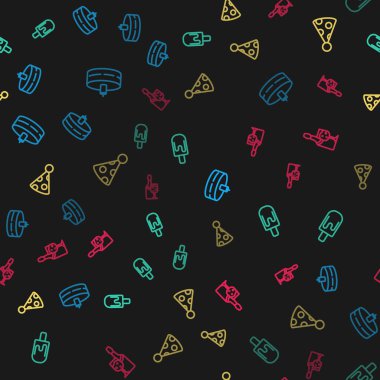 Set line Cake with burning candles, Ice cream, Party hat and Champagne bottle on seamless pattern. Vector.