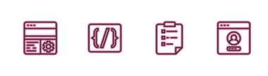 Set line Debugging, Clipboard with checklist, Programming language syntax and Create account screen icon. Vector.