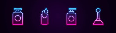 Set line Tube of hand cream, Manicure, and Milling cutter for manicure. Glowing neon icon. Vector.