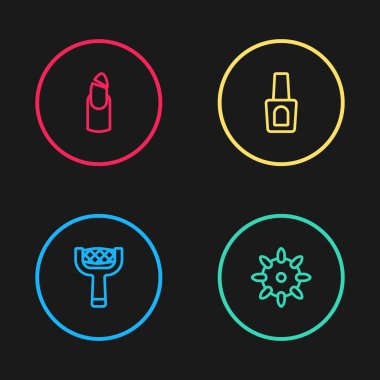 Set line Nail file, False nails, Bottle of polish and Broken icon. Vector.