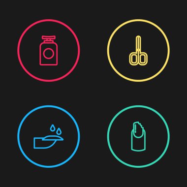 Set line Nail manicure, Broken nail, scissors and Tube of hand cream icon. Vector.