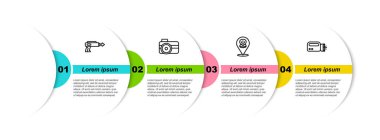 Set line Fishing harpoon, Photo camera for diver, Scallop sea shell and Flashlight. Business infographic template. Vector.