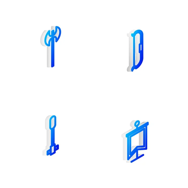 Set Isometric Line Medieval Bow Axe Torch Flame Flag Icon — 스톡 벡터