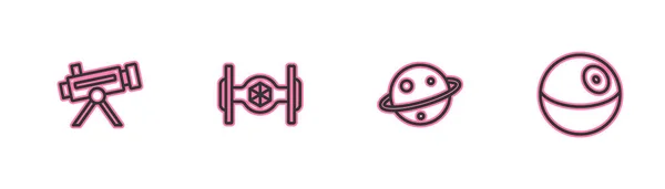 Set Line Telescope Planet Saturn Cosmic Ship Icon Vector — Stockvektor