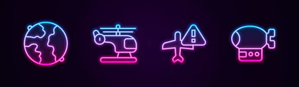 Set Line Worldwide Helicopter Warning Aircraft Airship Glowing Neon Icon — Image vectorielle