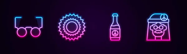 Set Line Glasses Sun Beer Bottle Hippie Girl Glowing Neon — Stok Vektör