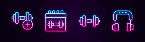 Set Line Dumbbell Calendar Fitness Headphones Glowing Neon Icon Vector — Stok Vektör