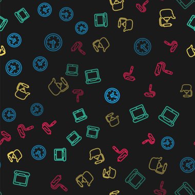 Set line Clock Laptop Kettle with handle and Paint roller brush on seamless pattern. Vector.