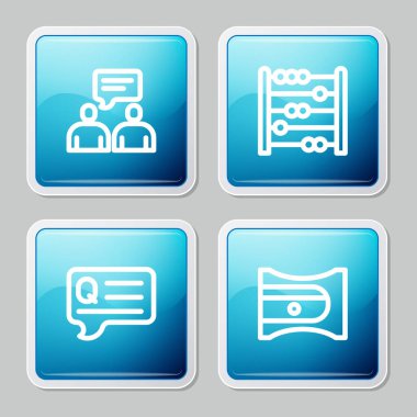 Set line Two sitting men talking Abacus Speech bubbles with Question and Pencil sharpener icon. Vector.