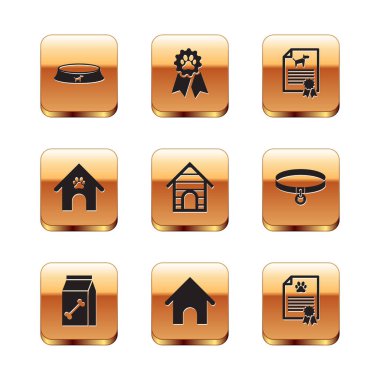 Set Pet food bowl Bag of for pet Dog house and paw print and Certificate dog cat icon. Vector.