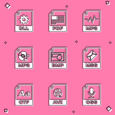 Set DLL file document PDF MP3 BMP and MSG icon. Vector.