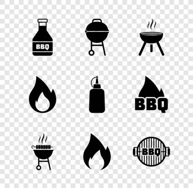 Set Ketchup bottle Barbecue grill grilled shish kebab Fire flame and Mustard icon. Vector.