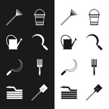 Set Sickle Watering can Garden rake for leaves Bucket fork shovel and hose fire hose icon. Vector.