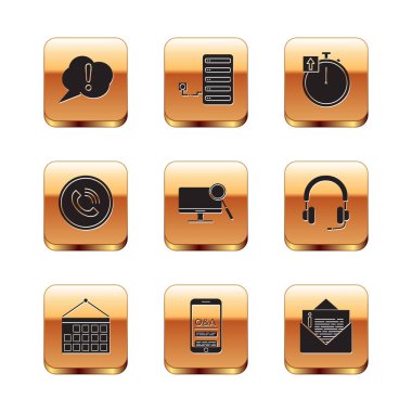Set Speech bubble Exclamation Calendar Mobile Question and Computer monitor diagnostics Phone call Stopwatch Envelope and Server icon. Vector.