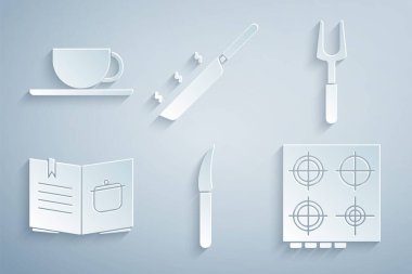 Set Knife Barbecue fork Cookbook Gas stove Frying pan and Coffee cup icon. Vector.