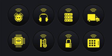Set Processor with microcircuits CPU Smart truck thermometer safe combination lock server headphones Wireless tablet and Robot vacuum cleaner icon. Vector.