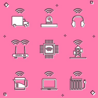 Set Smart truck security camera headphones Router and wi-fi signal Processor with microcircuits CPU Wireless antenna electric kettle and laptop icon. Vector.