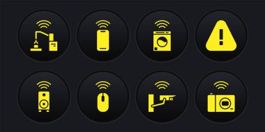 Set Smart stereo speaker Exclamation mark in triangle Wireless mouse security camera washer smartphone photo and Robotic robot arm hand factory icon. Vector.