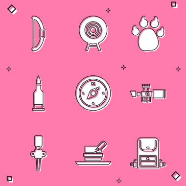 Set Bow Target sport Paw print Bullet Compass Sniper optical sight Torch flame and Hunter hat with feather icon. Vector.