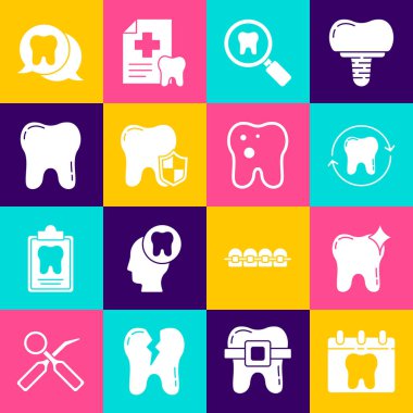 Set Calendar with tooth Tooth whitening Dental search protection and caries icon. Vector.