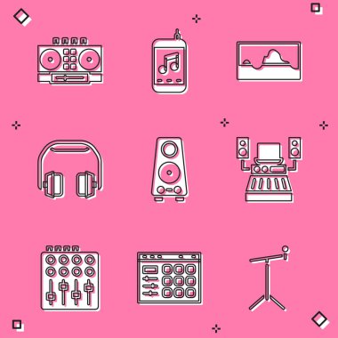 Set DJ remote and mixing music Music player wave equalizer Headphones Stereo speaker recording studio Sound mixer controller and Drum machine icon. Vector.