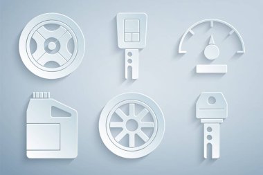 Set Car wheel Speedometer Canister for motor oil key with remote and icon. Vector.