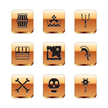 Set Gun powder barrel Crossed human bones Skull Pirate treasure map Chest Neptune Trident Medieval chained mace ball and King crown icon. Vector.