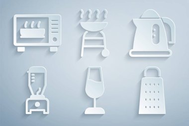 Set Wine glass Electric kettle Blender Grater Barbecue grill and Microwave oven icon. Vector.