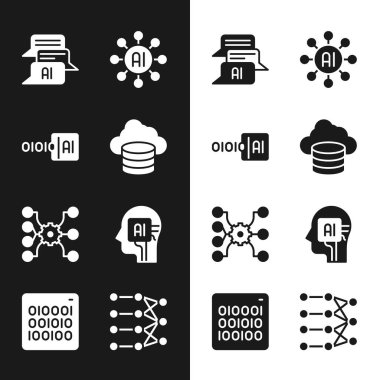 Set Cloud database Binary code Chat bot Neural network Humanoid robot and icon. Vector.