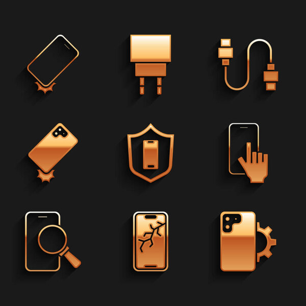 Set Mobile with shield broken screen Phone repair service Shockproof phone, cable cord and icon. Вектор.