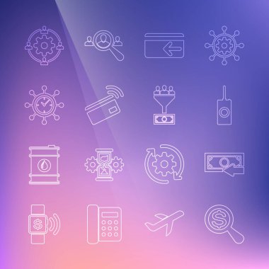 Set line Magnifying glass and dollar Cash back Remote control Contactless payment Clock gear Outsourcing concept and Lead management icon. Vector.
