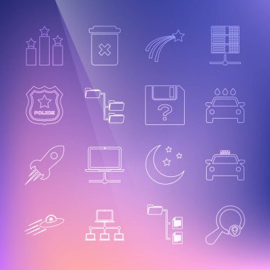 Set line Search location Taxi car Car wash Falling star Folder tree Police badge Ranking and Unknown document icon. Vector.