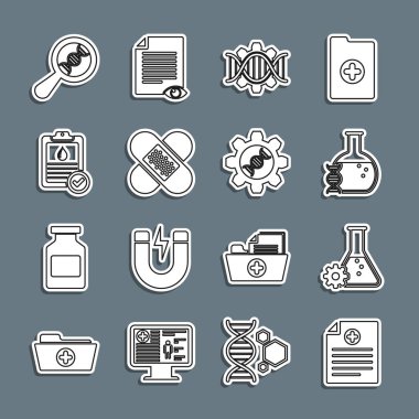 Set line Clinical record Bioengineering DNA research search Genetic Crossed bandage plaster Clipboard with blood test and icon. Vector.