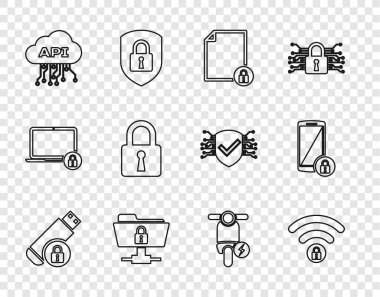 Set line USB flash drive with lock Wifi locked Document and FTP folder Cloud api interface Lock Electric scooter and Smartphone icon. Vector.