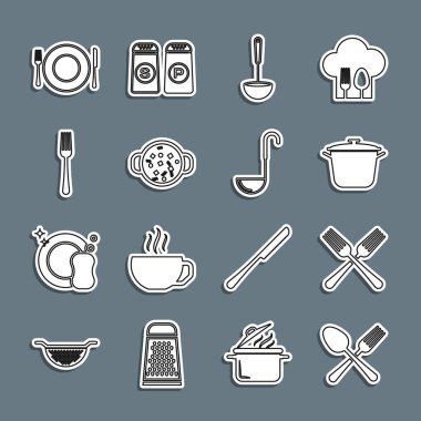 Set line Crossed fork and spoon Cooking pot Kitchen ladle soup Fork Plate knife and icon. Vector.