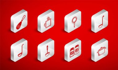 Set line Cooking pot Coffee cup Frying pan Kitchen ladle Salt and pepper whisk and icon. Vector.