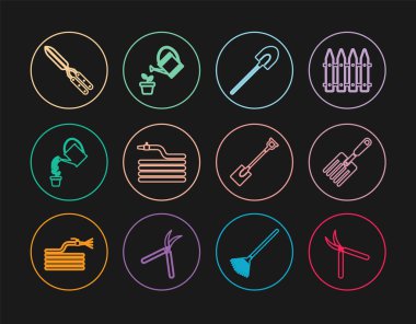 Set line Gardening handmade scissor fork shovel hose fire hose Watering can and icon. Vector.