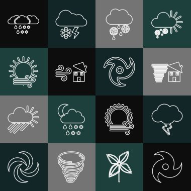 Set line Tornado Storm swirl Cloud with snow and rain Wind sun and icon. Vector.