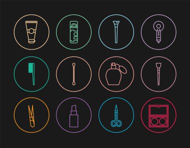 Set line Makeup powder with mirror brush Cotton swab for ears Hairbrush Lotion cosmetic tube Perfume and Shaving gel foam icon. Vector.