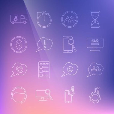 Set line Wrench and screwdriver in gear Five stars rating review Monitor with FAQ information Speech bubble Exclamation Coin money dollar Car service and Mobile phone diagnostics icon. Vector.