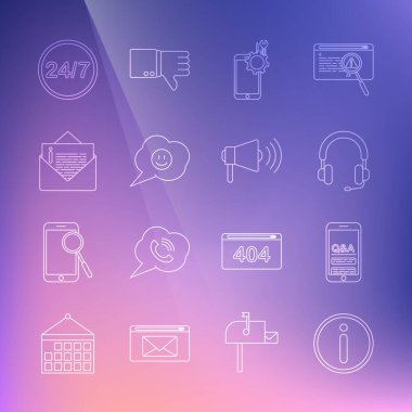 Set line Information Mobile Question and Exclamation Headphones service Speech bubble with smile face Envelope Clock 24 hours and Megaphone icon. Vector.