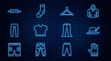 Set line Leather glove Oktoberfest hat Hanger wardrobe T-shirt Pants Bow tie and Socks icon. Vector.