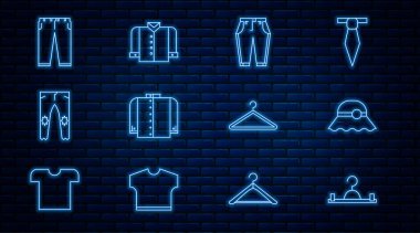 Set line Hanger wardrobe Elegant women hat Pants T-shirt and icon. Vector.