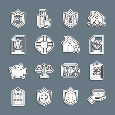 Set line Stacks paper money cash Health insurance Shield with dollar Lifebuoy Contract shield Travel suitcase and Fire burning house icon. Vector.