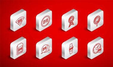 Set line Digital speed meter 5G network Antenna Smart watch and Sim Card icon. Vector.